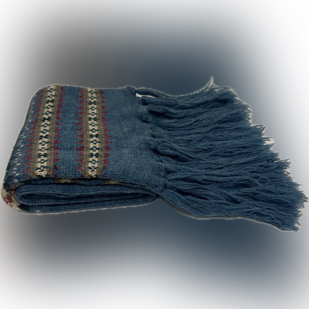 VTG BLUE CREAM FAIR ISLE STYLE KNIT SCARF ACCESSORY 5ft w FRINGE NECK WARM WRAP